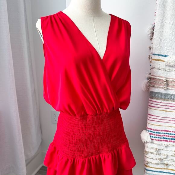 Amanda Uprichard Chantal Red Sleeveless Tiered Smocked Mini Dress Size Medium - Picture 2 of 10